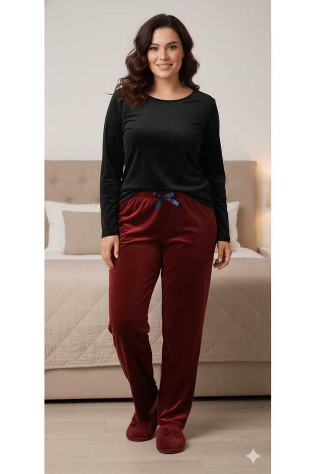 Velvet Burgundy Color a Quality Elastic Band Detailed Bottom Pajamas