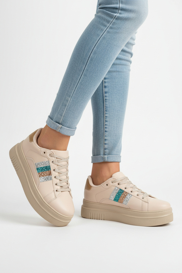 Women's Stylish & Comfortable Thick Sole Sneaker - Colorful Striped Detail Casual Shoes