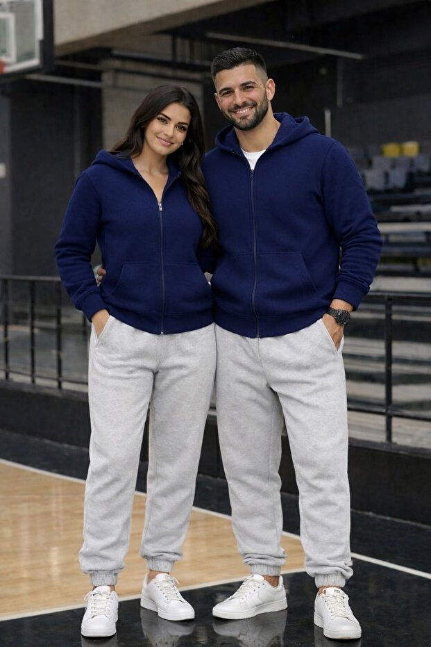Double Yarn Brushed Inside Unisex Zippered Cardigan - Full Fit 2'li Tracksuit Set with Elastic Hem