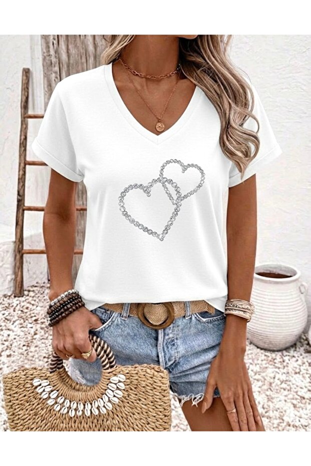 Stone Patterned Printed Women's Oversize V-Neck T-Shirt
