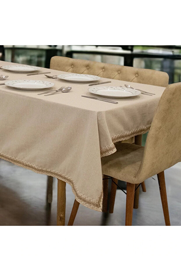 Beige Cotton Linen Jute Lace Tablecloth