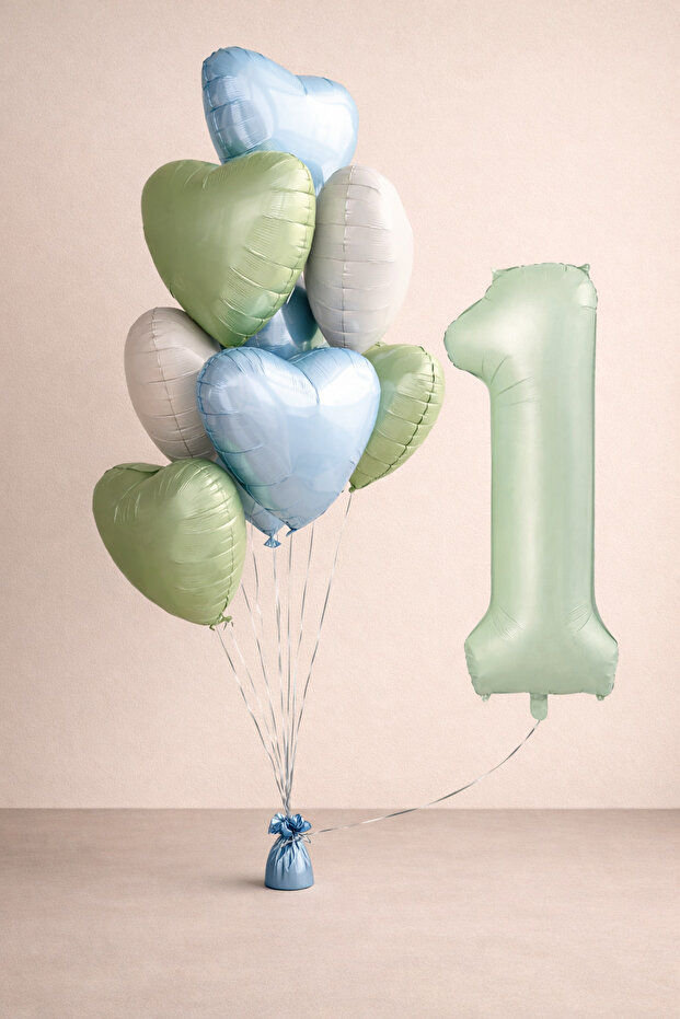-1- Year Old Retro Green Heart Birthday Set