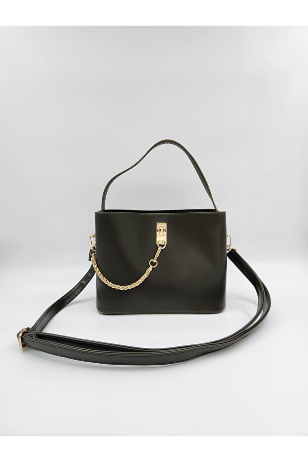 Women's Strap Hand and Shoulder Bag | Chain Detailed Three Compartment Faux Leather Bag (Width: 23 Length: 18)