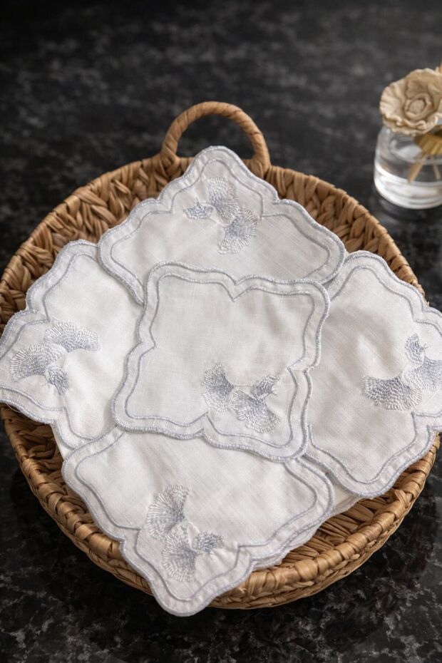 Set of 6 White Silver Embroidered Presentation Napkins Coffee and Tea Coasters