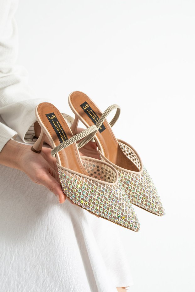 Mina Women's Beige Mesh Stone 7 cm Heeled Slingback Pointed Toe Evening Dress Shoes