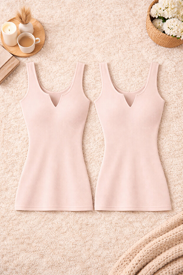 Women's Cotton Stretch Fabric Wide Strap Combed Cotton Powder Ribbed Knit 2-Piece Undershirt
