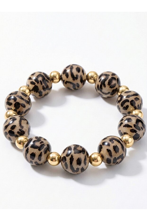 Gold Detailed Leopard Pattern Beaded Elastic Women's Bracelet I Special Boxed