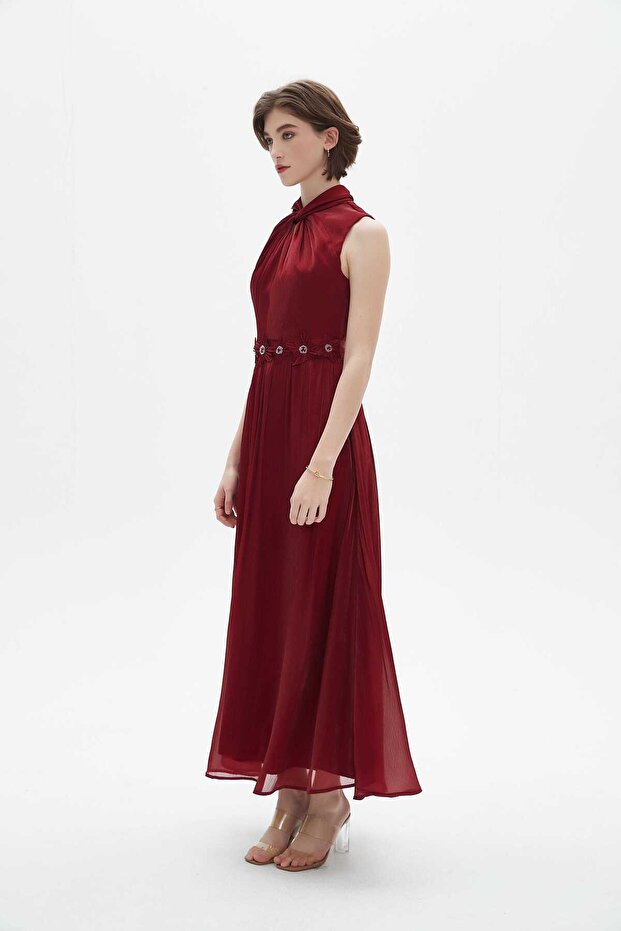 Red Solid Maxi Belted Dress - 6