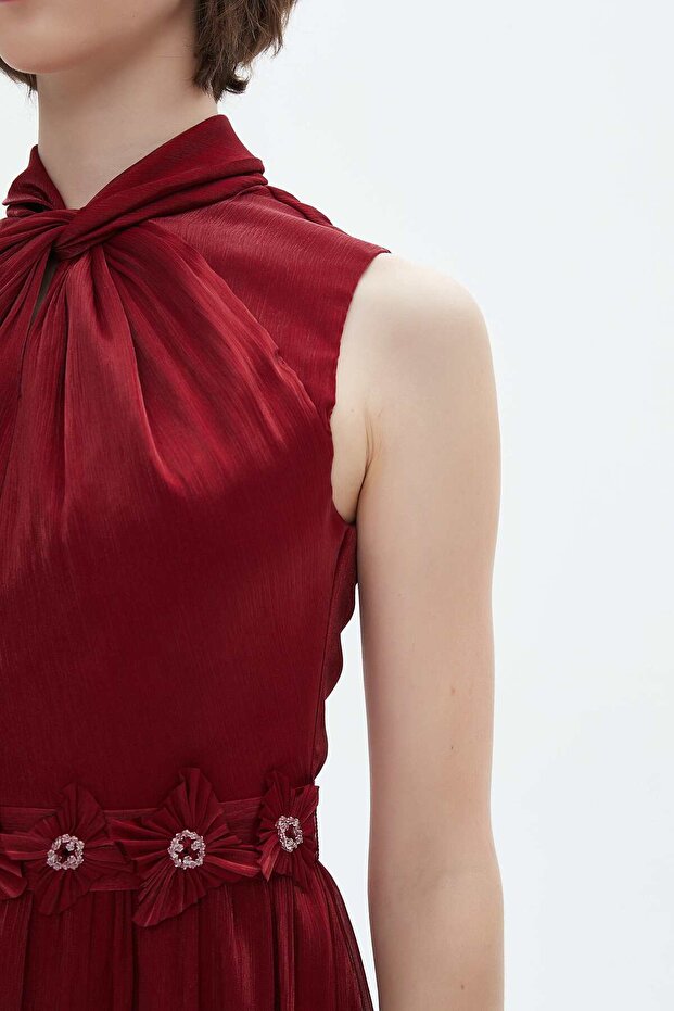 Red Solid Maxi Belted Dress - 3