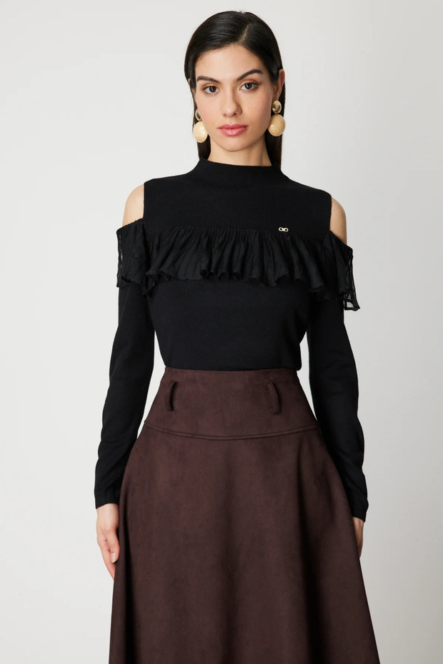 Off-The-Shoulder Tulle Detailed Knitwear Sweater 60475