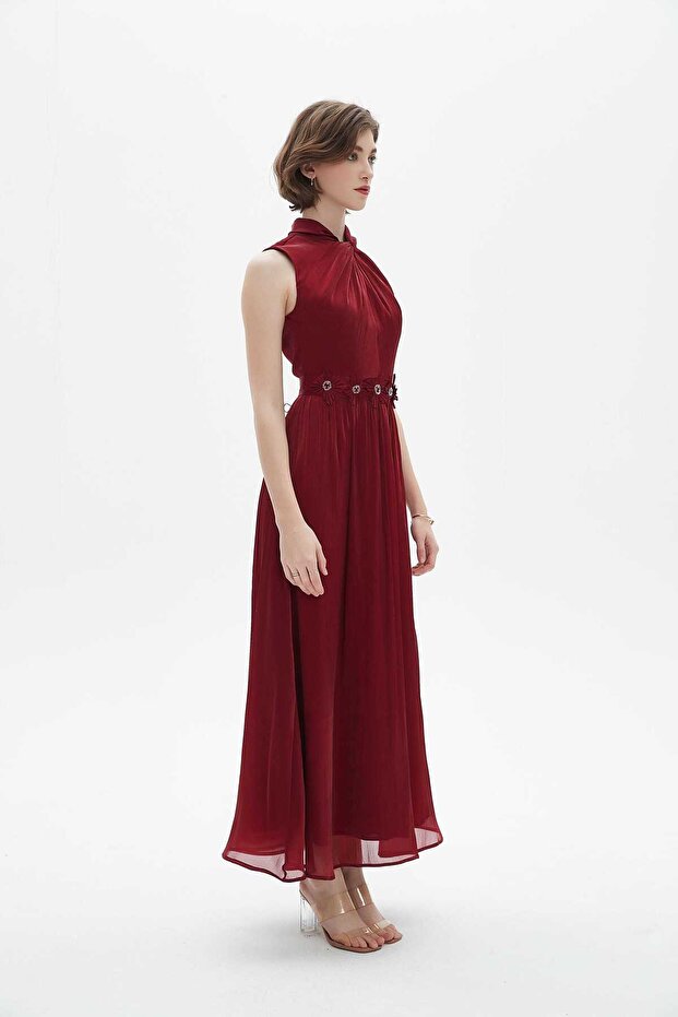 Red Solid Maxi Belted Dress - 5
