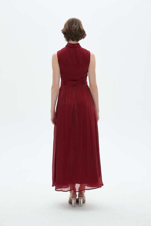 Red Solid Maxi Belted Dress - 2