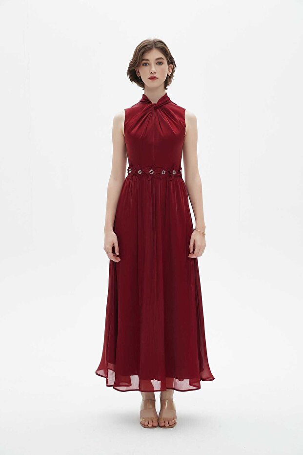 Red Solid Maxi Belted Dress - 1