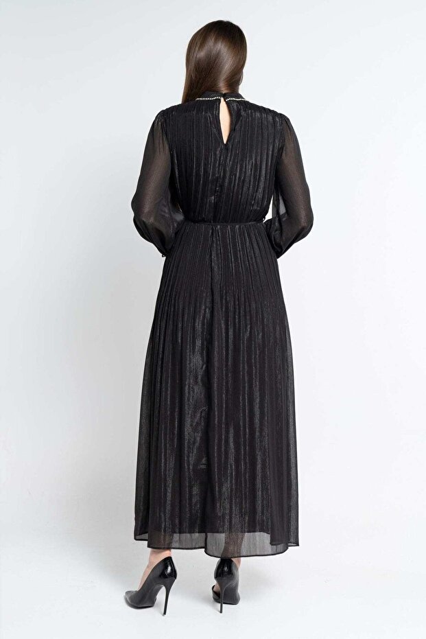 فستان ماكسي أسود سادة بحزام - 7