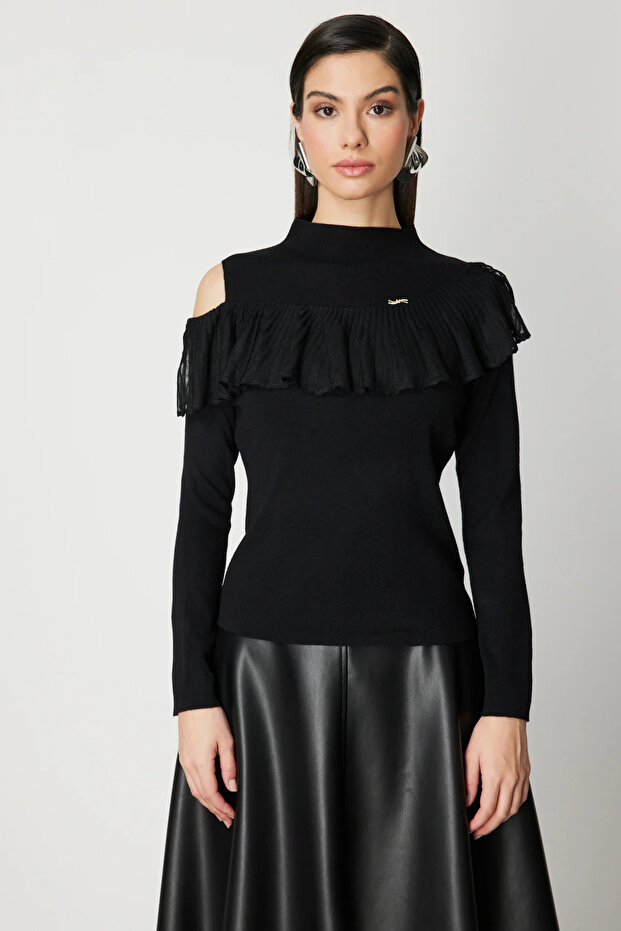 Omzu Open Tulle Accessory Knitwear Sweater 60474