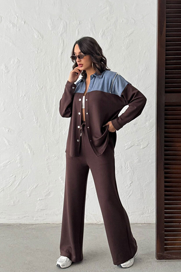 Women's Brown Denim Fabric Garnished Soft Textured Pants and Shirt Set