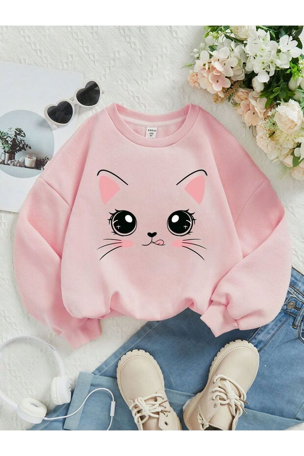 Black Eyed Big Cat Printed Girls Winter Children's Sweatshirt Pink