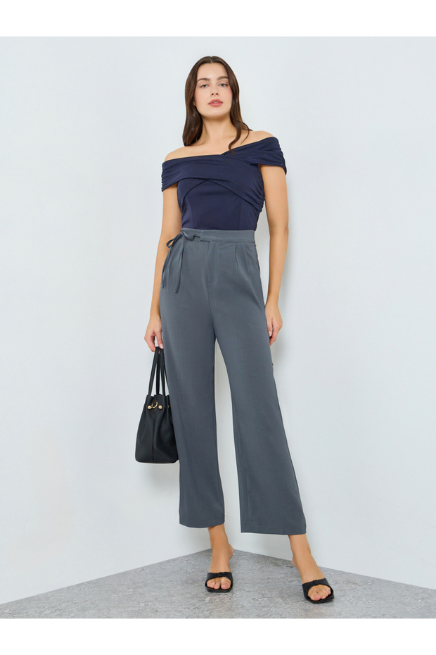 Women Grey Waist Tie Wide Leg Pants