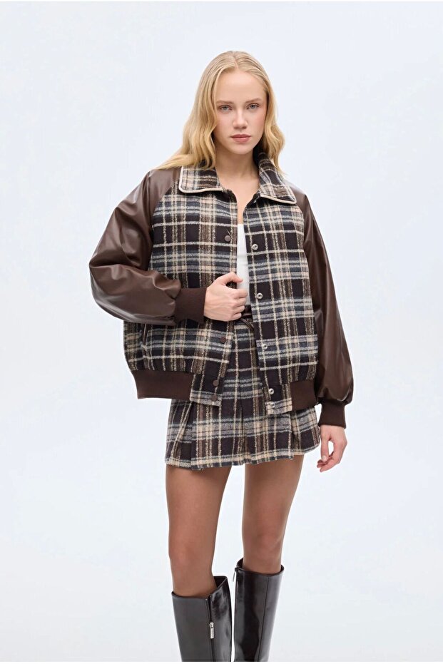 Kadı Plaid Patterned Bomber Jacket – Brown - 2