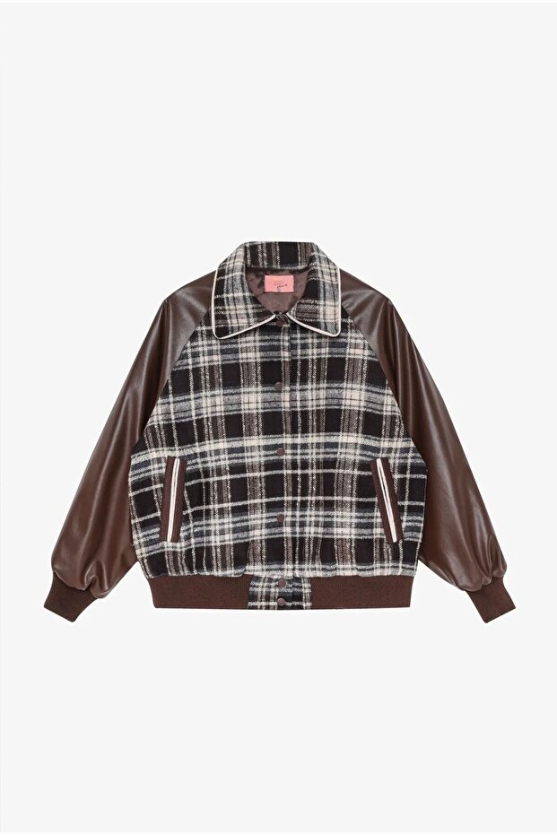 Kadı Plaid Patterned Bomber Jacket – Brown - 5