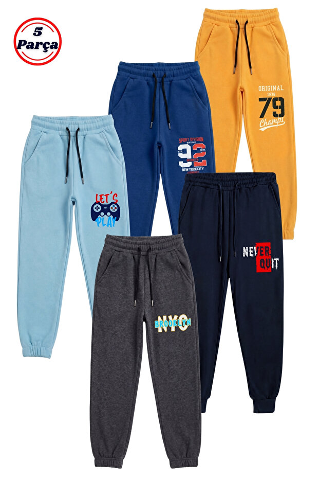 FYK KİDS 5 Li Baskı Detaylı Beli Lastikli Erkek Çocuk Jogger Eşofman Altı