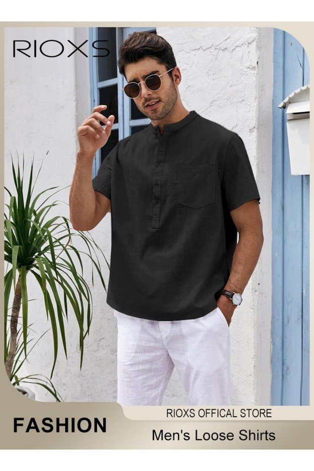 Men's Short Sleeve Henley Shirts, Loose Fit Button-Up V-Neck Shirts, Solid Color Summer Casual Beach