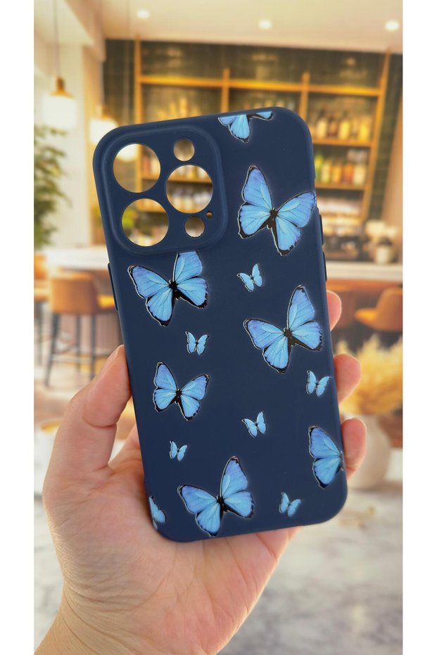 iPhone 13 Pro Max Compatible Blue Butterfly Patterned Silicone Shock-Absorbing Classic Protective Rubber Case
