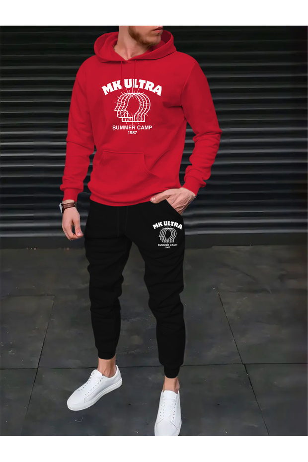 Men's Mind Printed Comfortable Fit Hooded Pocket Top Jogger Elastic Cuff Bottom Tracksuit Set