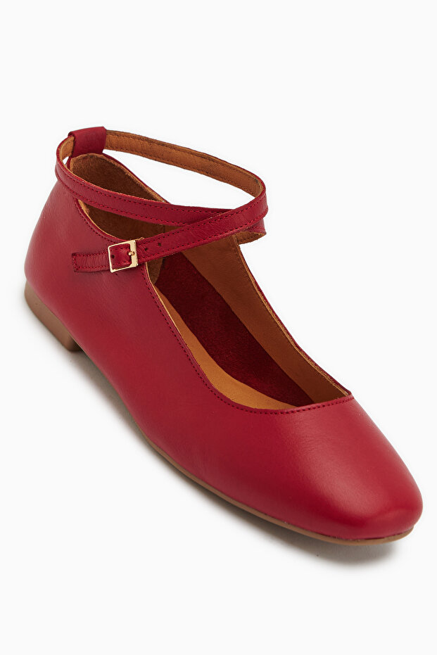 Ameli Genuine Leather Red Cross Band Ballet Flats