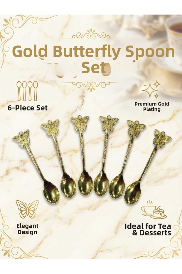 Set of 6 Metal Teaspoons with Gold Butterfly Design - Vintage Look Coffee Side Serving Spoons