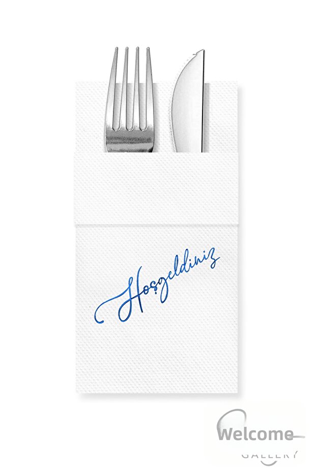 40X40 cm Blue Foil Welcome Patterned White Paper Napkins with 16 Pockets
