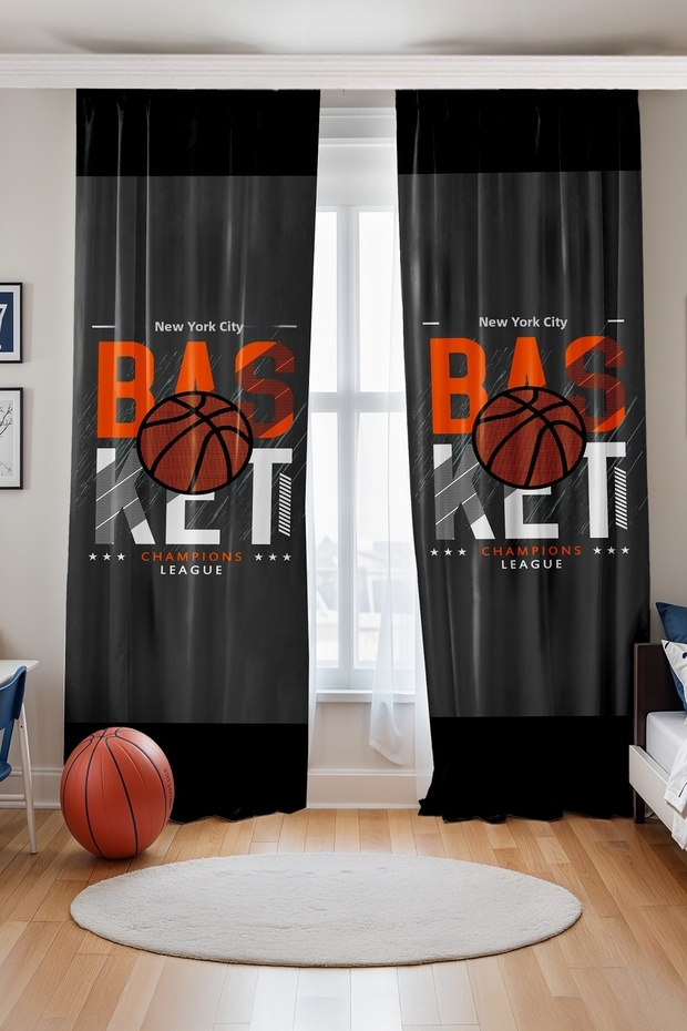 Gray Basketball League Patterned Children's Baby Room Background Curtain (Single Panel Pricing)