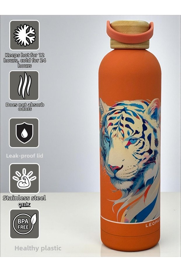 1000 ml Stainless Steel Thermos with Bamboo Lid and Orange Tiger Figure