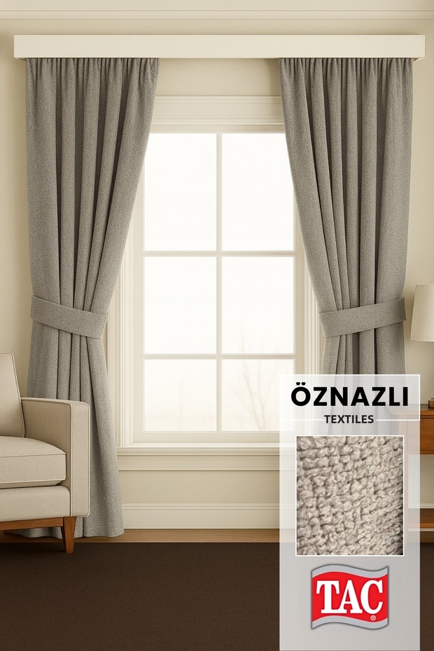 Stone Color Chenille Textured Background Curtain – Gray - Frequent Pleat Model (1 X 3) | Arm Tie Included