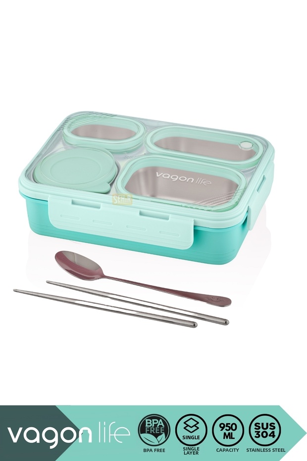 Bento 950ml Lunchbox New Collection Single Storey 4 Compartment Steel Lunch Box