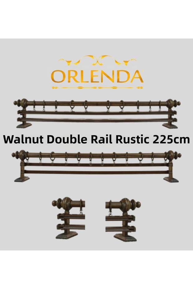 Walnut Wooden Headed Aluminum Pipe Rustic Curtain Hanger Double Rail 225 Cm