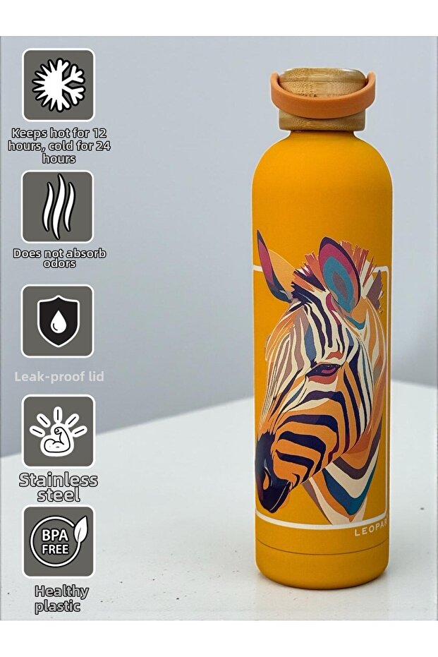 1000 ml Stainless Steel Thermos with Bamboo Lid and Orange Zebra Pattern