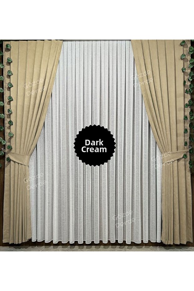 Dark Cream Background Curtain Sparse Pleat 1/2 – Modern Thick Velvety Island Background Curtain Single Wing