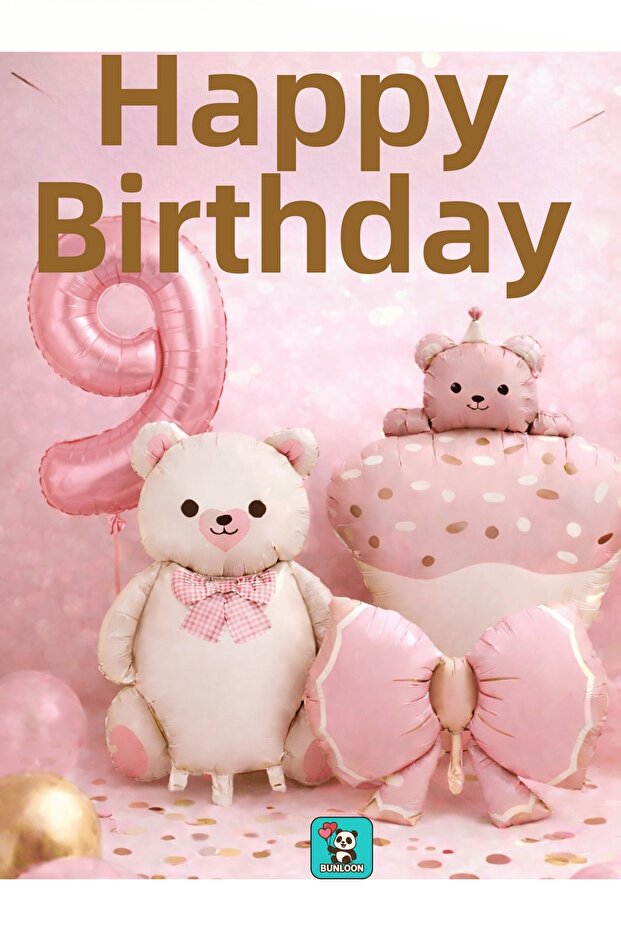 Pink Teddy Bear Themed 9Th Birthday Foil Balloon Set Party Decoration