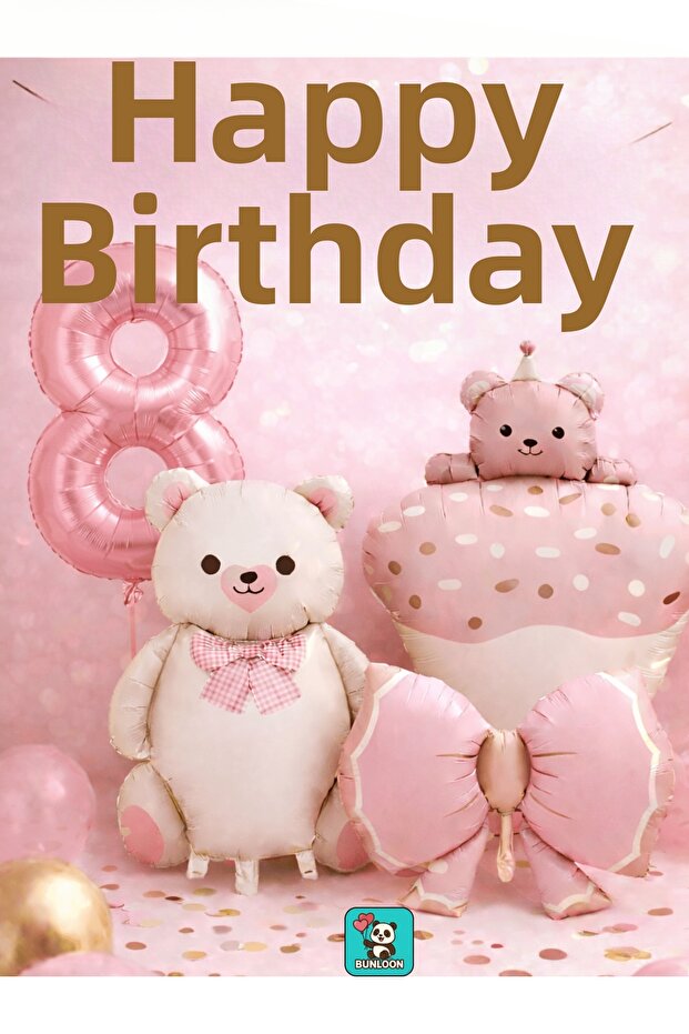 Pink Teddy Bear Themed 8Th Birthday Foil Balloon Set Party Decoration