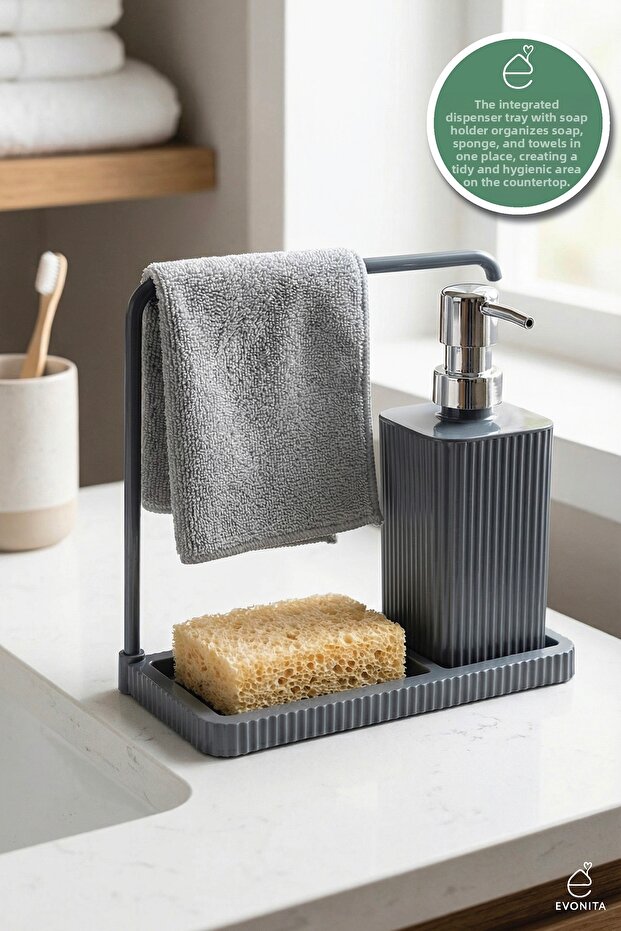 Kitchen Countertop Liquid Soap Dispenser Set with Hanging Sponge Holder and Drainer Organizer Hygienic Organizer