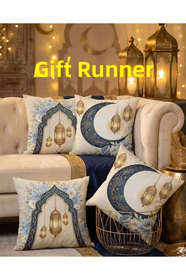 Ramadan Themed Navy Blue Gold Digital Print Gift Table Runner and Set of 4 Cushion Covers
