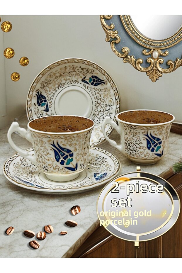 Silk Porcelain Turkish Coffee Porcelain Cup Set for Two with Gold Embroidery and Blue Tulip Motif.