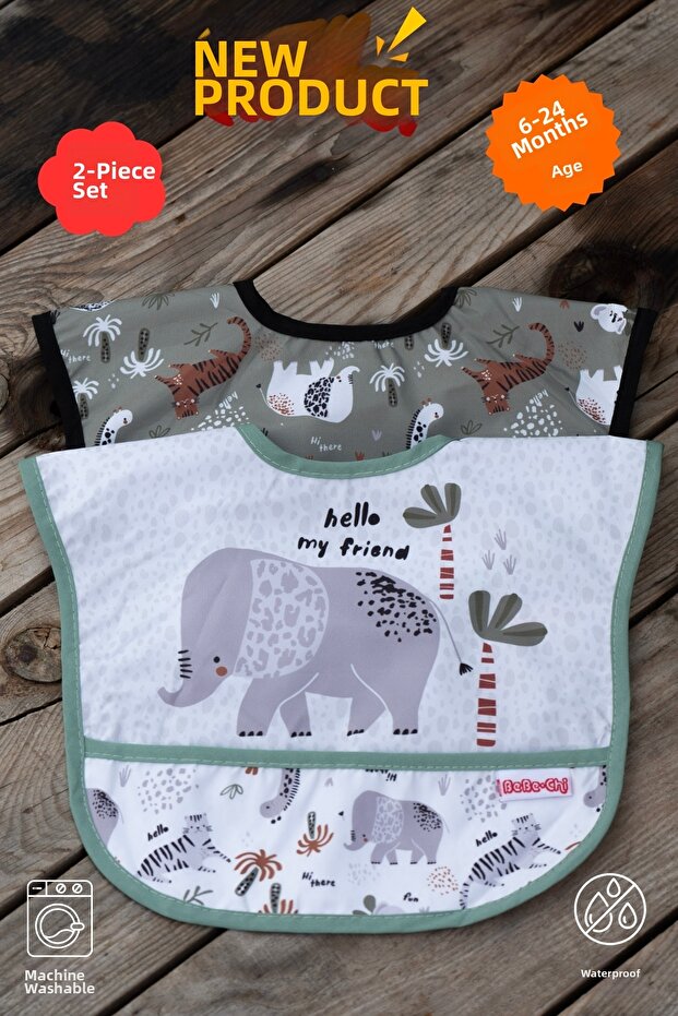 Safari Elephant Patterned Set of 2 Liquid-Proof Baby Food Bib with Pockets 6-24 Months