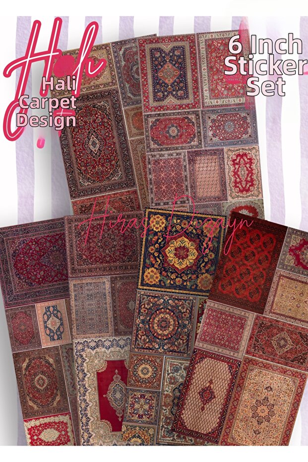 Set of 6 Ethnic Authentic Carpets Red Sticker Set Decorative Labels Agenda Bullet Journal Scrabook