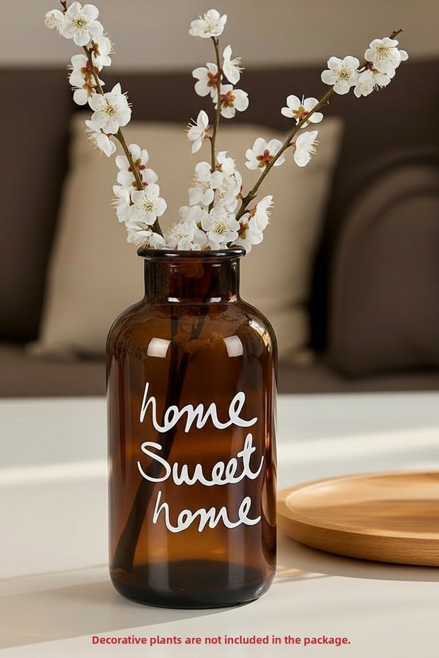 Amber Glass Decorative Vase – “Home Sweet Home” Written, 20 cm Ornamental Plant Vase