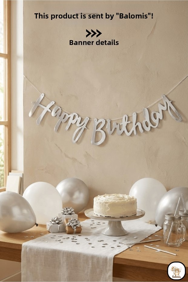 Calligraphy Silver Happy Birthday Banner 110 cm Birthday Wall Decoration