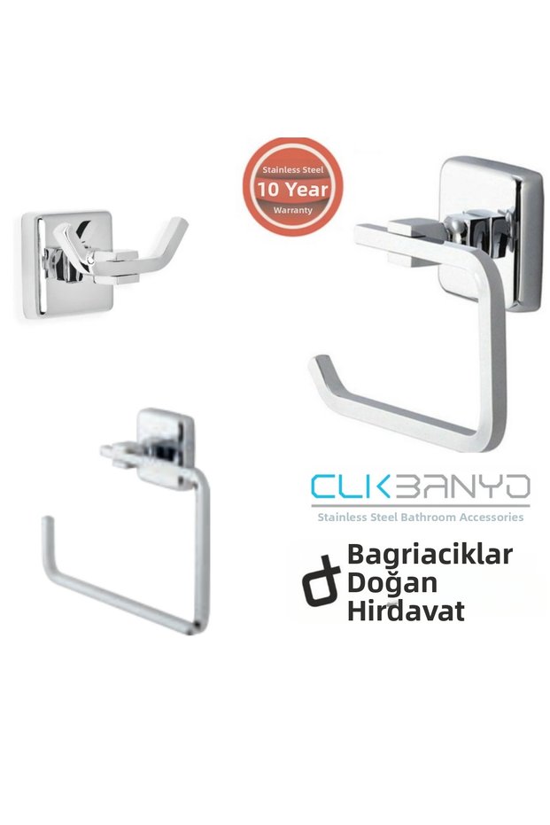 Stainless Bathroom Accessories Kumru Set of 3: Toilet Paper Holder - Square Towel Holder - 2 Robe Holders