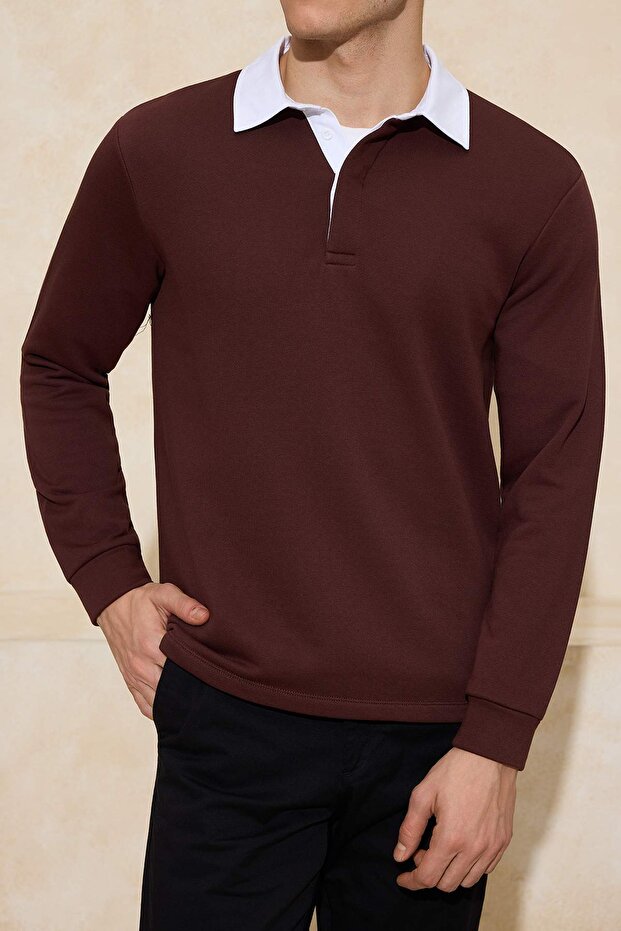 Kahverengi Yeni Oversize/Geniş Kesim Yakası Dokuma Polo Yaka Sweatshirt TMNAW26SW00012 - 3
