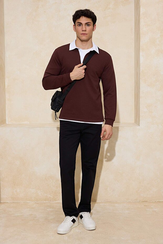 Kahverengi Yeni Oversize/Geniş Kesim Yakası Dokuma Polo Yaka Sweatshirt TMNAW26SW00012 - 1